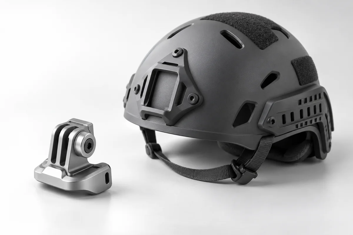 Визуализация серебристого держателя камеры рядом с графитовой игровой каской