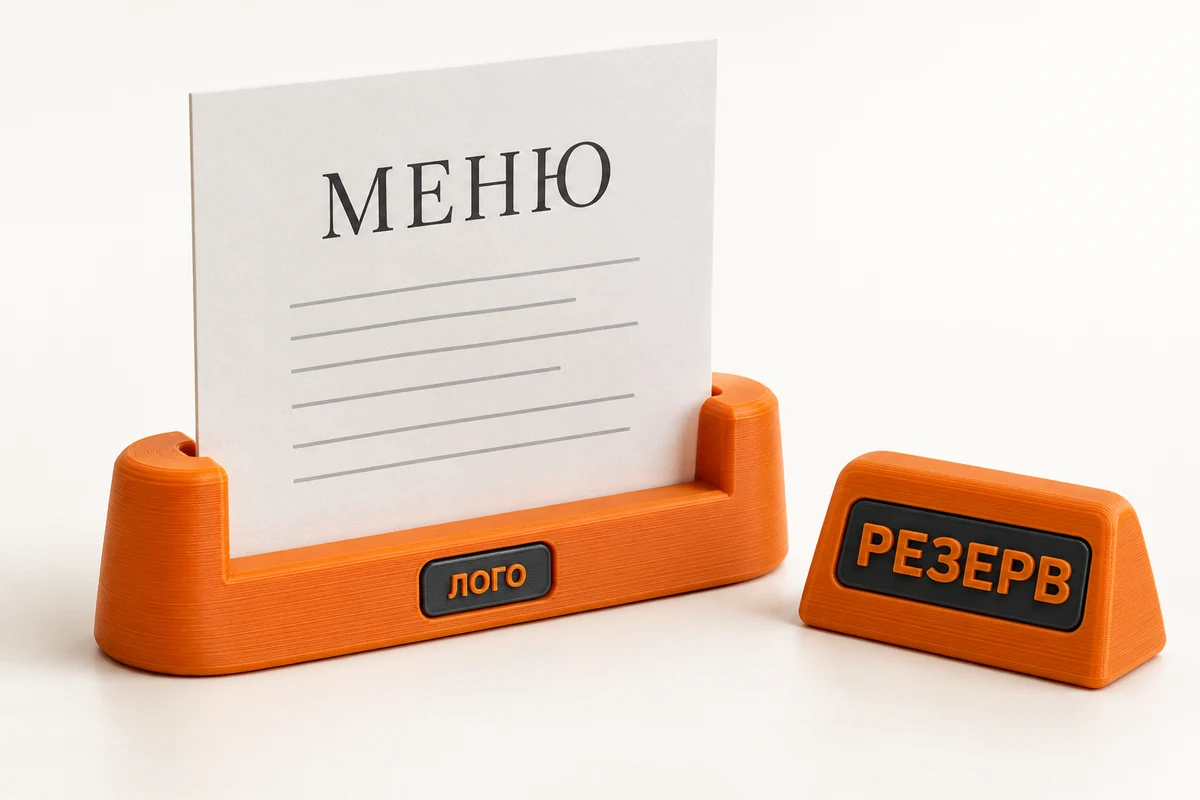 Концепция оранжевого держателя бумажного меню и таблички Резерв с местом для логотипа