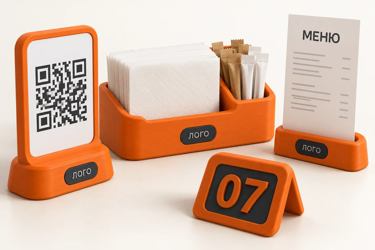 Концепция комплекта из оранжевого пластика: QR-табличка, органайзер, держатель меню и номер стола